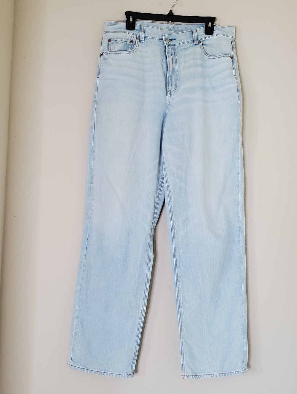 American Eagle Highest Rise Baggy Straight Jeans Womens Sz 14 Regular Crisscross
